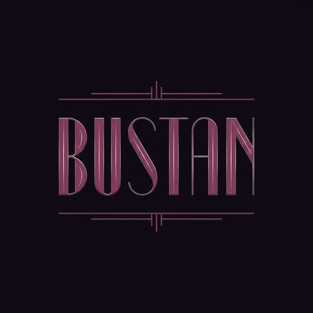 Bustan art deco wordmark in aubergine palette
