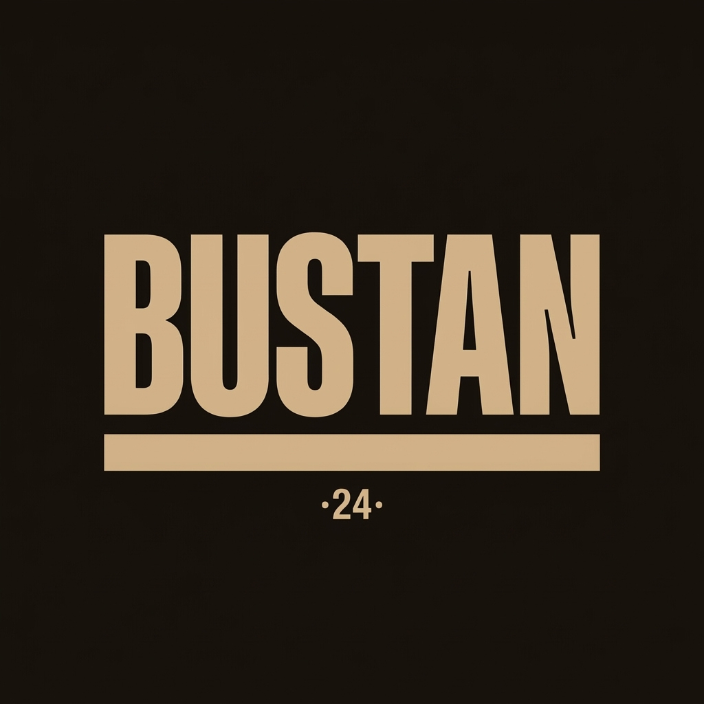 Bustan bold condensed wordmark in walnut palette
