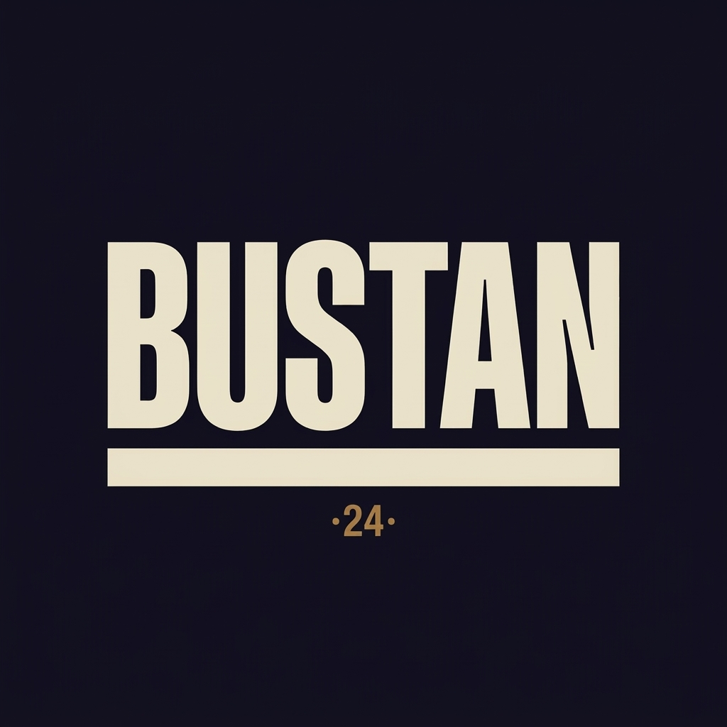 Bustan bold condensed wordmark in velvet dusk palette